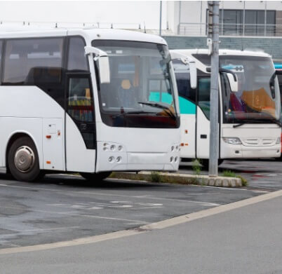 a row of parked charter buses